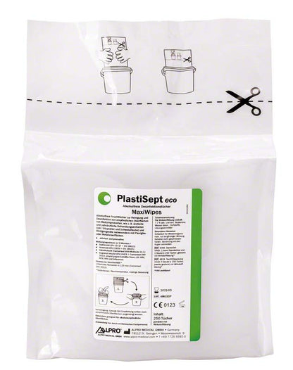 PlastiSept eco Maxi Wipes Verpackung mit Anleitung und grünem Etikett.