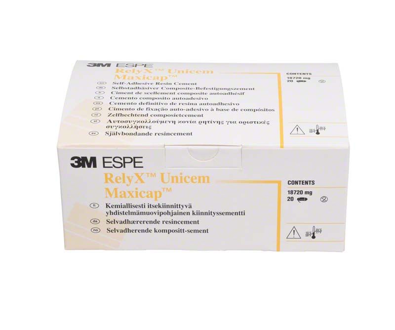 3M™ RelyX™ Unicem Maxicap Verpackung mit Inhaltsangaben auf weißem Hintergrund.