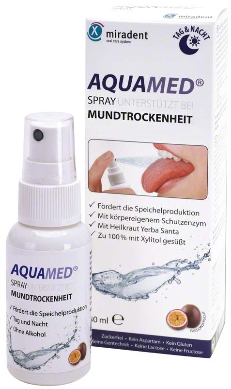 AQUAMED® Spray Einzelflasche vor Verpackung mit Produktinformationen.