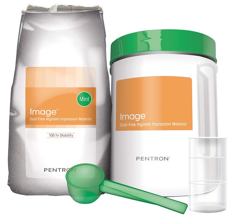 PENTRON Alginat IMAGE schnellhärtend grün 500g Dose mit Messlöffel.