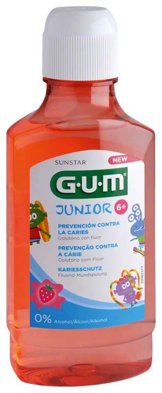 GUM® JUNIOR Mundspülung Erdbeerflasche mit kindgerechtem Design und Erdbeergeschmack.