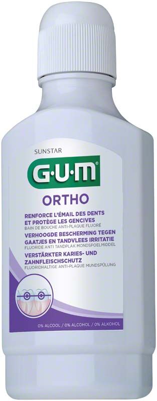 GUM® ORTHO Mundspülung Flasche 300ml mit Etikett in mehreren Sprachen.