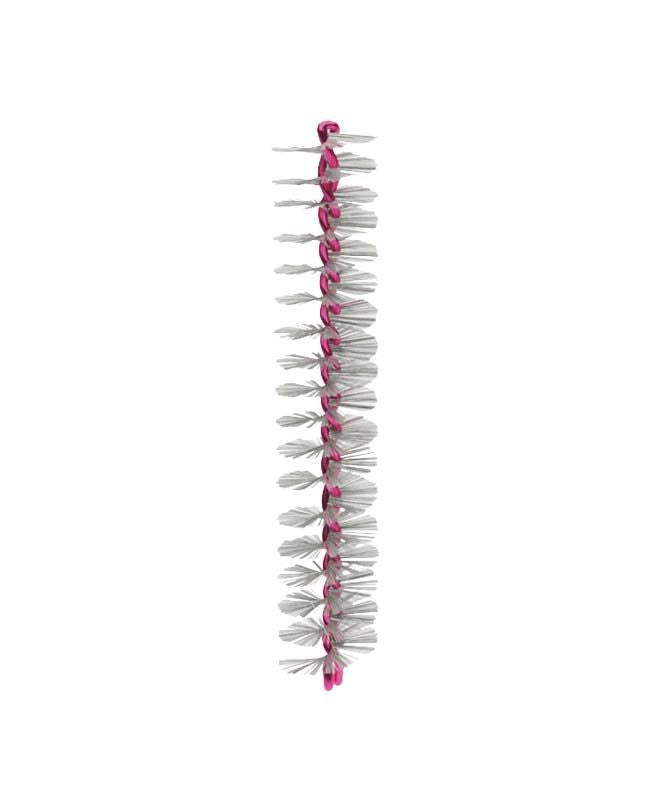 Interdentalbürste mit rosa Drahtkern und weichen Borsten in Seitenansicht.