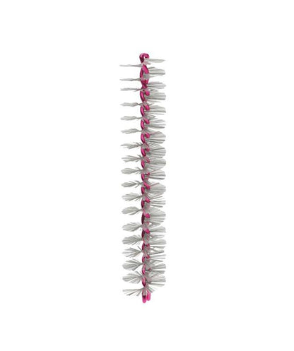 Interdentalbürste mit rosa Drahtkern und weichen Borsten in Seitenansicht.