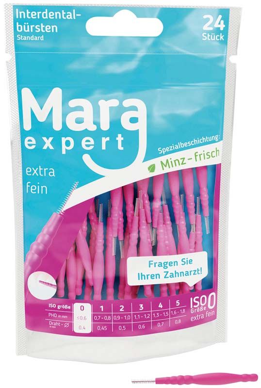 Verpackung von Mara Expert Interdentalbürsten mit Minz-Frische und rosa Borsten.