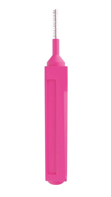 Rosa Interdentalbürste mit feinen Borsten für Zahnzwischenräume.