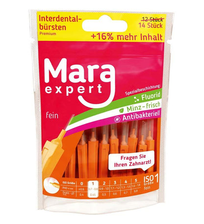 Mara Expert Premium Line Orange Interdentalbürsten in Verpackung mit Fluorid- und Minzbeschichtung.