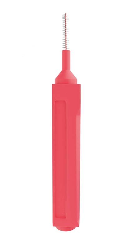 Rote Interdentalbürste mit schmalem Griff und feiner Borste.