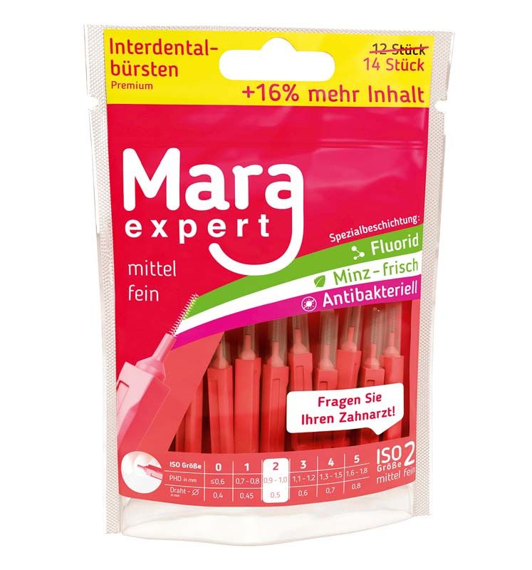 Mara Expert Premium Line Rot Interdentalbürsten in Verpackung mit Fluorid-Beschichtung.
