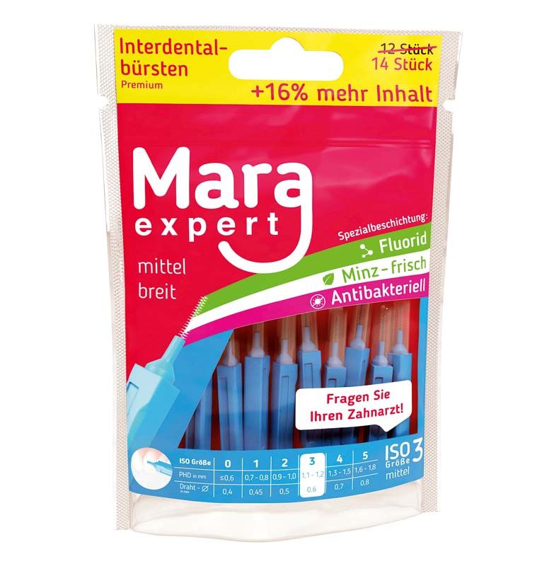 Mara Expert Premium Interdentalbürsten in Verpackung mit antibakterieller Beschichtung.