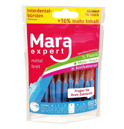 Mara Expert Premium Interdentalbürsten in Verpackung mit antibakterieller Beschichtung.