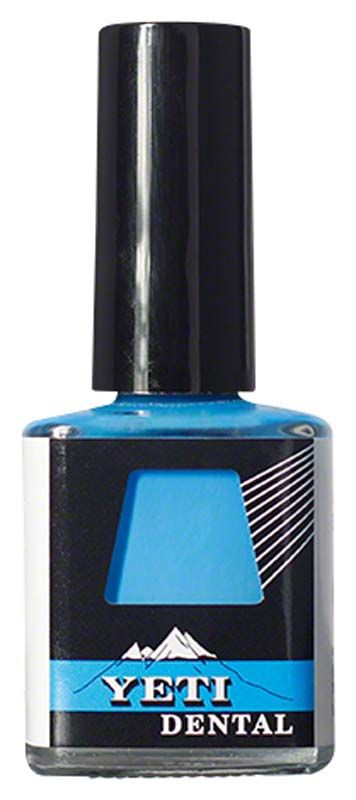 DIE SPACER blau 10my Flasche mit schwarzem Deckel und YETI DENTAL Logo.