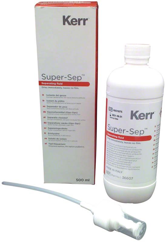 Super-Sep™ 500ml Flasche und Verpackung für Dentalanwendungen.