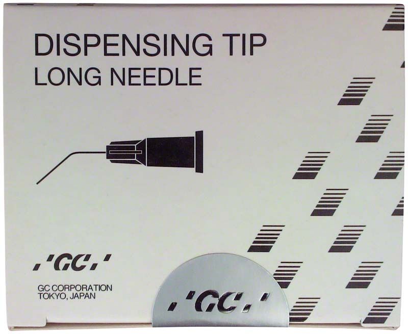 Verpackung der Applikationskanülen Dispensing Tip Long Needle von GC Corporation.
