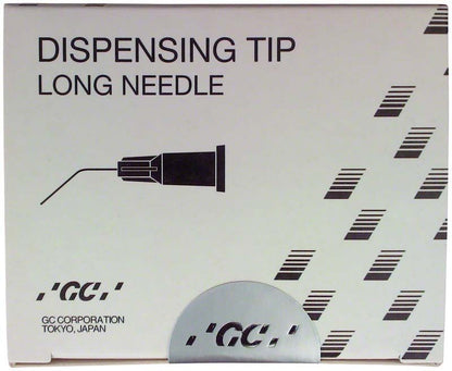 Verpackung der Applikationskanülen Dispensing Tip Long Needle von GC Corporation.