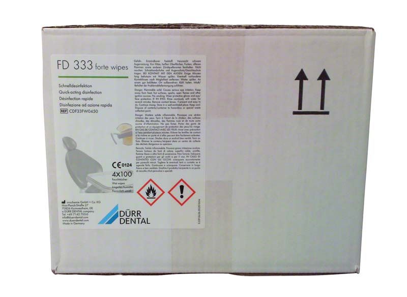 FD 333 forte wipes Nachfüllbeutel in weißer Verpackung mit Sicherheitskennzeichnungen.