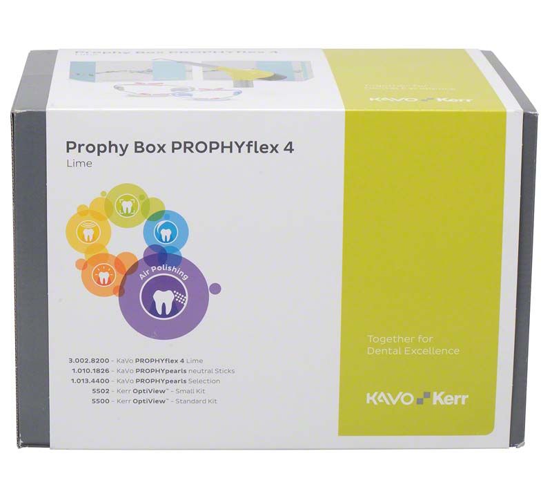 Prophy Box PROPHYflex 4 Lime Verpackung mit Produktdetails und Logo.