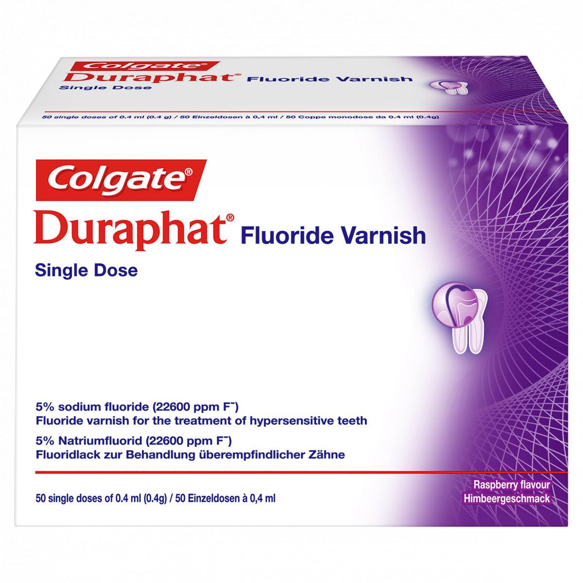 Duraphat® Fluoridlack-Verpackung mit Himbeergeschmack und 5% Natriumfluorid.