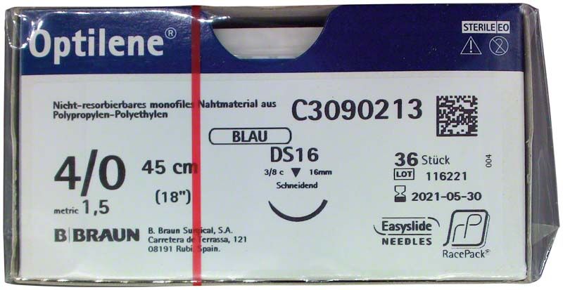 Optilene® Nahtmaterial 4/0, 45 cm, DS16, sterile Verpackung.