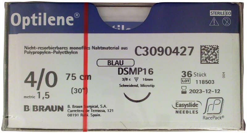 Optilene® Nahtmaterial-Verpackung mit Details zu Größe, Farbe und Sterilität.