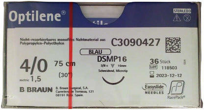 Optilene® Nahtmaterial-Verpackung mit Details zu Größe, Farbe und Sterilität.