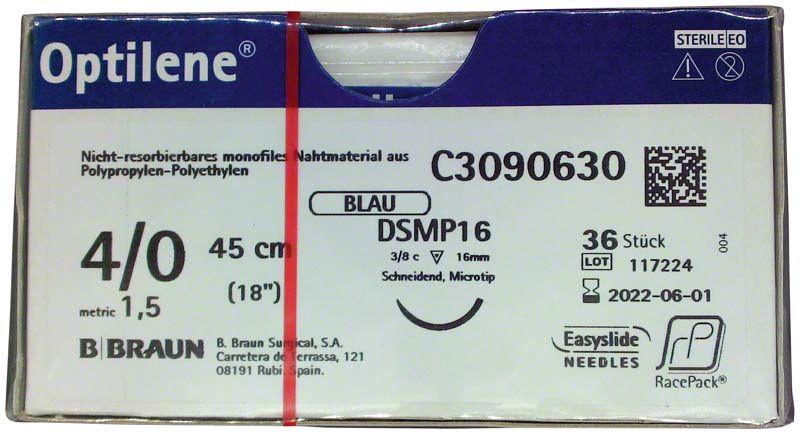 Nicht-resorbierbares monofiles Nahtmaterial Optilene® 4/0 DSMP16, 45 cm, steril.