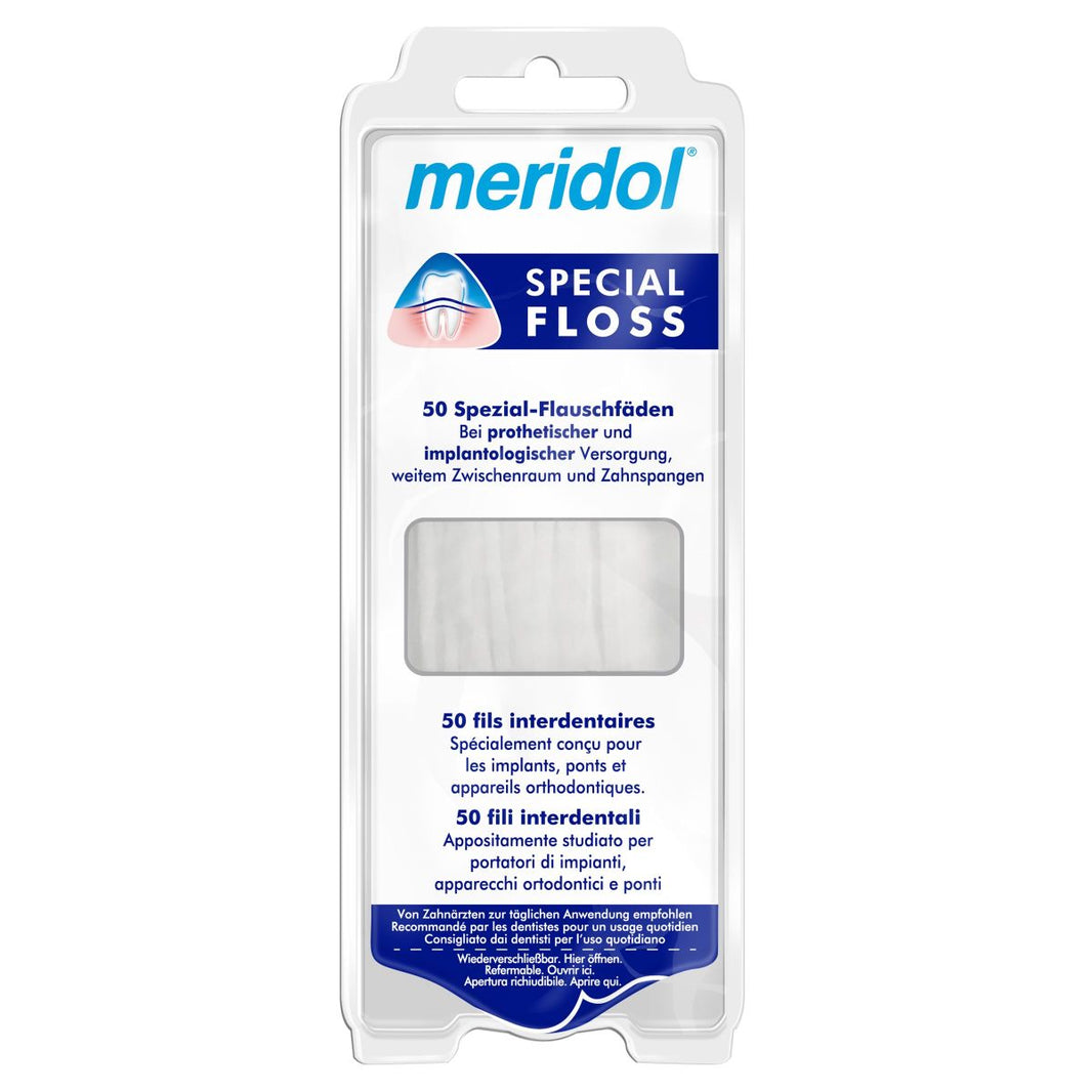 meridol® special-floss Verpackung mit Flauschfäden für Interdentalpflege.