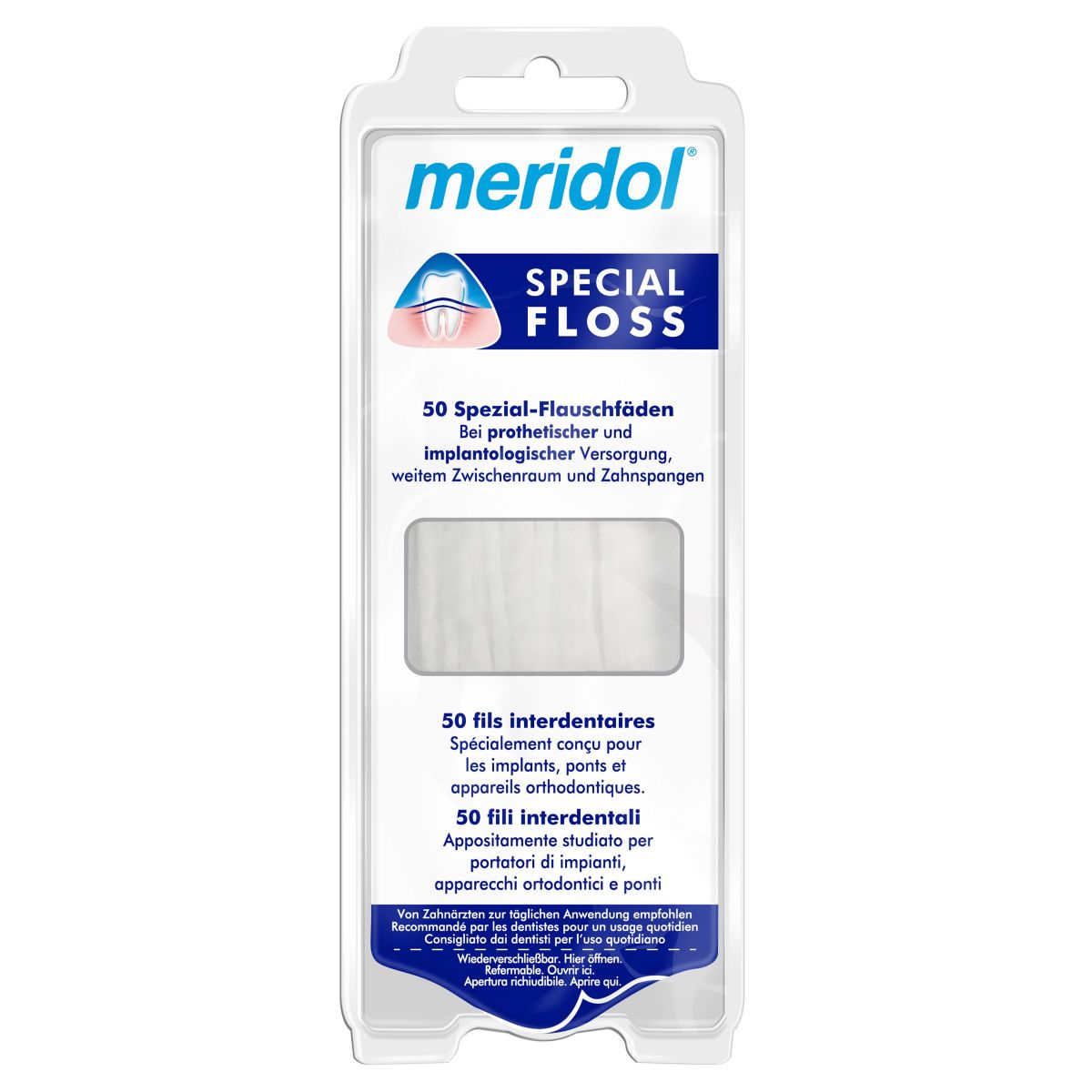 meridol® special-floss Verpackung mit Flauschfäden für Interdentalpflege.
