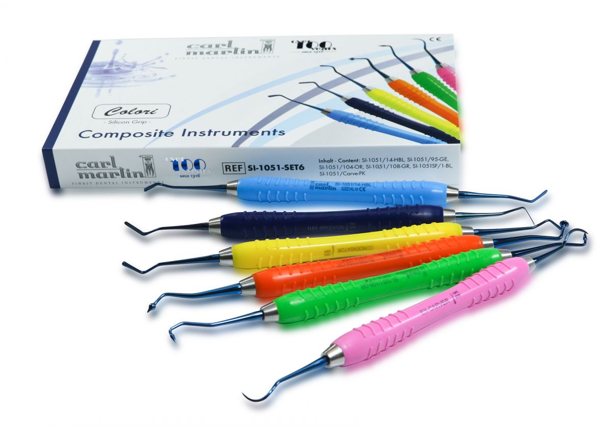 Komposit-Instrumentenset Colori mit bunten Griffen und Verpackung.