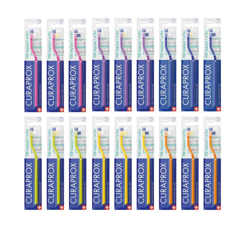 CURAPROX CS 708 Zahnbürsten in verschiedenen Farben in Blisterverpackungen.