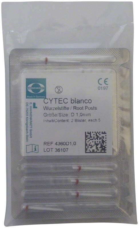 Cytec blanco Wurzelstifte Ø 1,0mm in Blisterverpackung mit rotem Ring.