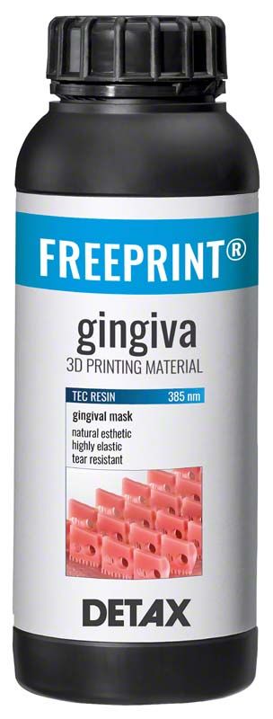 Schwarze Flasche mit FREEPRINT® gingiva 3D-Druckmaterial-Etikett in Blau und Weiß.