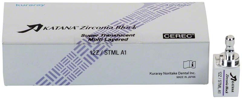 KATANA™ Zirconia Block STML 12Z A1 neben Verpackung auf weißem Hintergrund.