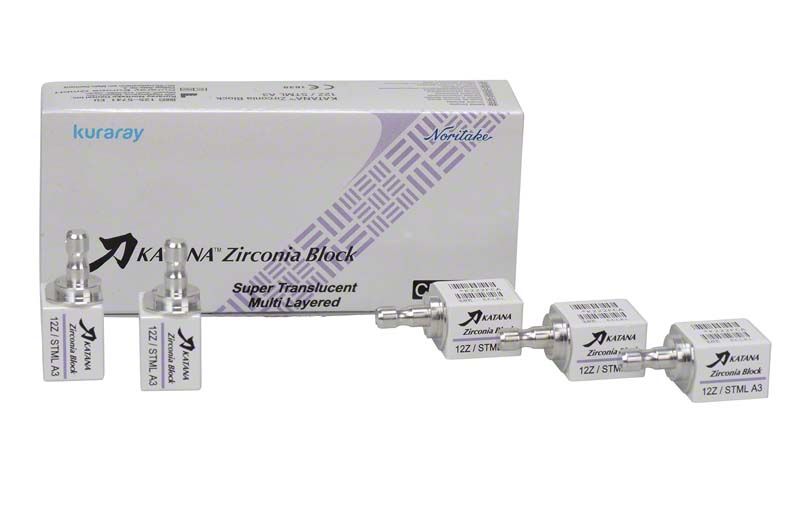 Mehrschichtiger KATANA™ Zirkon-Block STML 12Z A3 mit Verpackung.