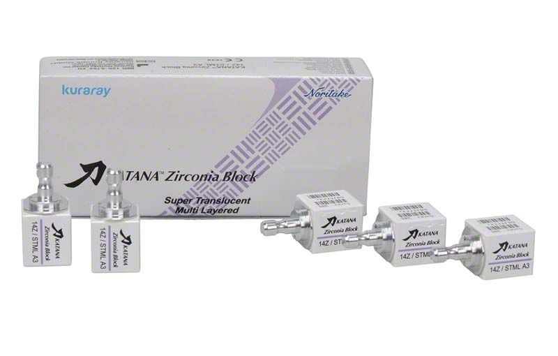 KATANA™ Zirkon-Block STML 14Z A3 mit Verpackung und Einzelblöcken.