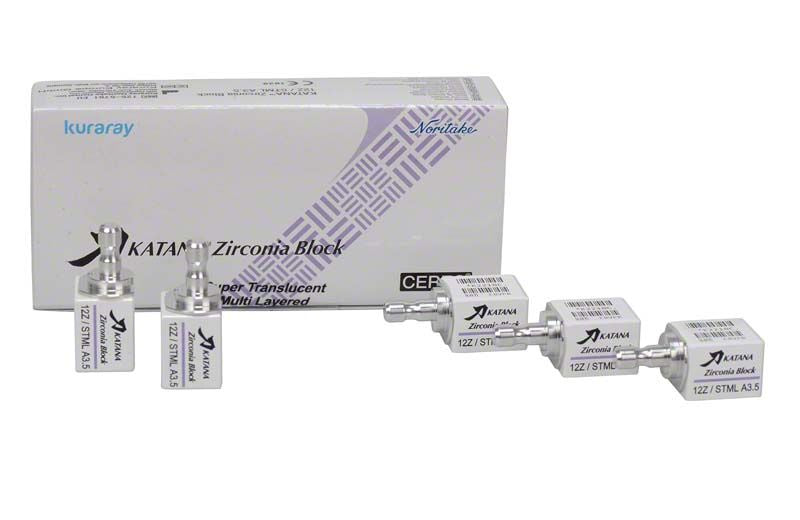 KATANA™ Zirconia Block STML 12Z A3.5 mit Verpackung und Einzelblöcken.