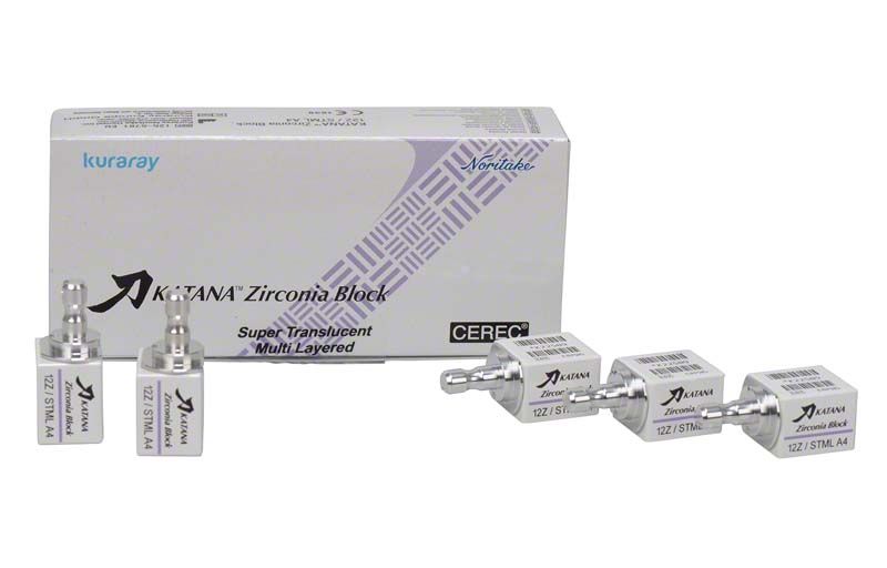 KATANA™ Zirconia Block STML 12Z A4 mit Verpackung und Blockansicht.