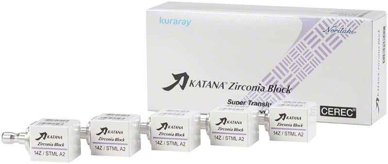 KATANA™ Zirconia Block STML 14Z B1 Verpackung und fünf Zirkon-Blocks.