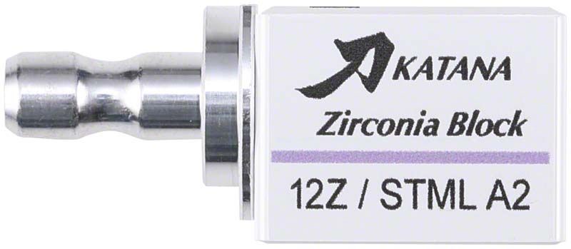 KATANA™ Zirconia Block STML 12Z C1 mit Produktaufschrift und Steckverbindung.