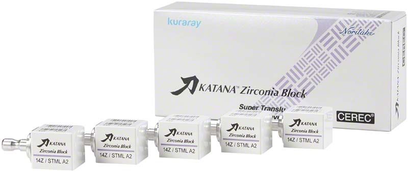 KATANA™ Zirconia Block STML 14Z C1 mit Verpackung und fünf Blöcken.