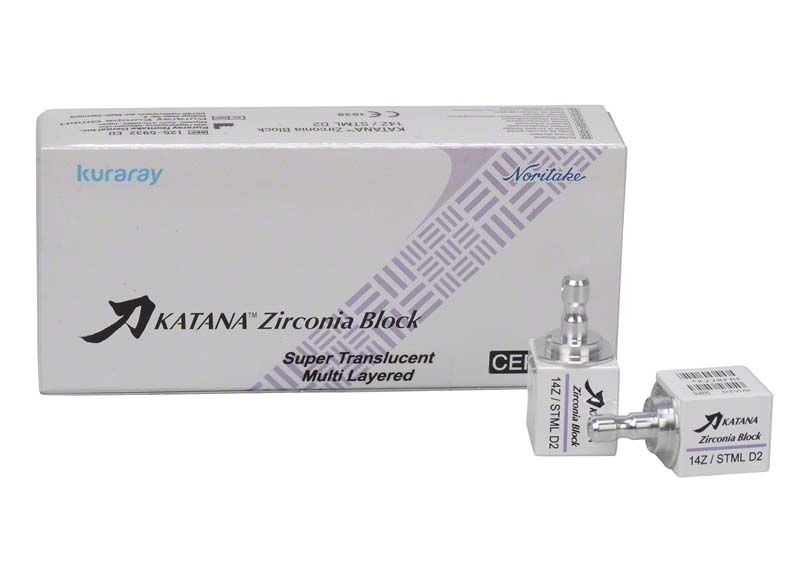 Hochwertiger KATANA™ Zirconia Block STML 14Z D2 mit Verpackung.