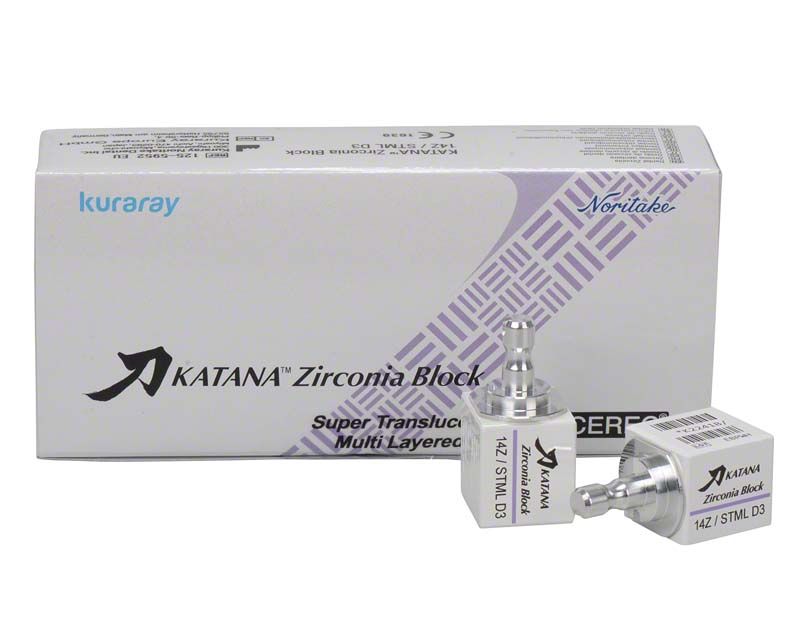 KATANA™ Zirconia Block STML 14Z D3 mit Verpackung und Produktansicht.