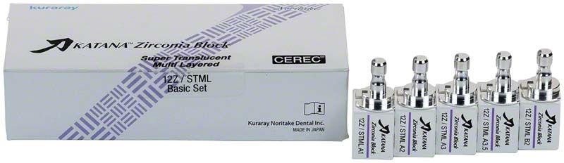 KATANA™ Zirconia Block STML 12Z Basic Kit mit fünf Zirkoniablöcken und Verpackung.