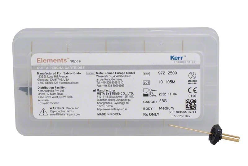 Guttapercha-Kartuschen Elements™ Medium Body 23GA mit Etikett und Nadelansicht.
