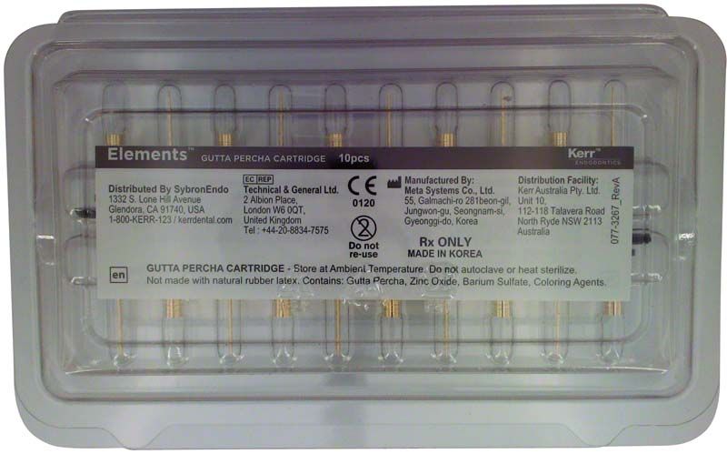 Kunststoffverpackung mit zehn Guttapercha-Kartuschen für Endodontie.