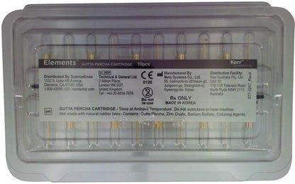 Kunststoffverpackung mit zehn Guttapercha-Kartuschen für Endodontie.