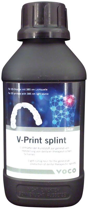 V-Print splint Flasche mit Zahnillustration und Produktinformationen.
