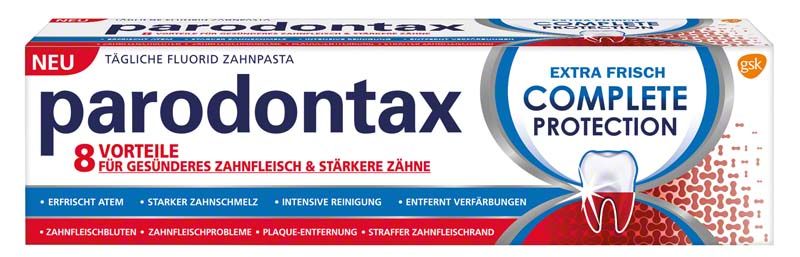parodontax Complete Protection Zahnpasta 75ml Tube mit Verpackungstext und Logo.
