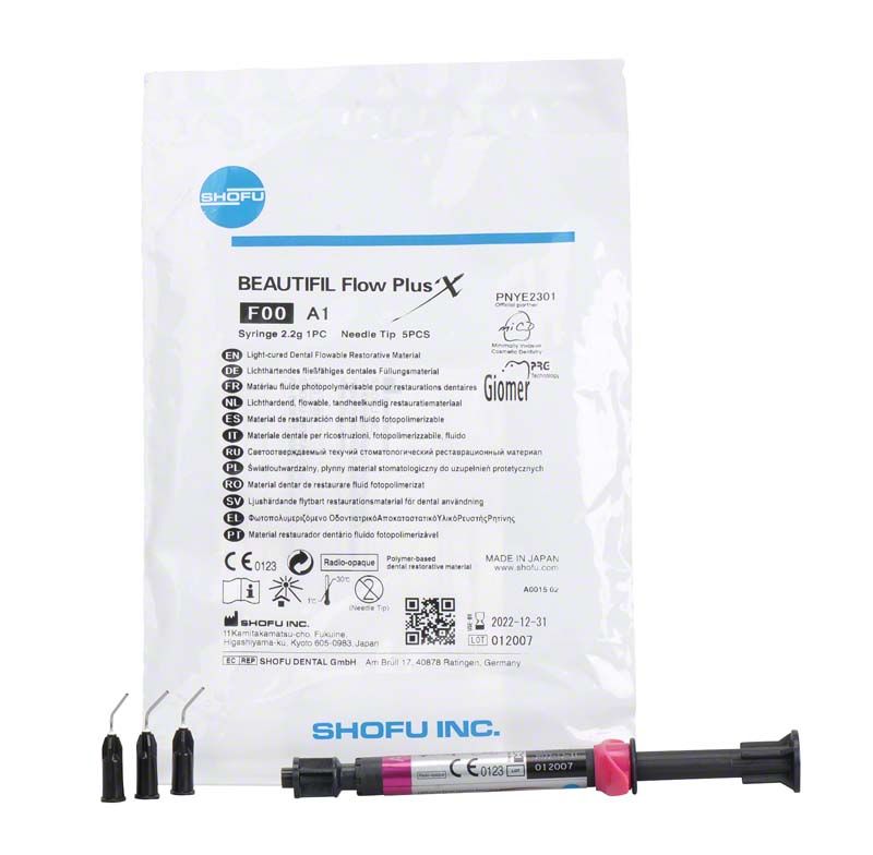 BEAUTIFIL Flow Plus X F00 A1 Spritze mit Verpackung und Zubehör.