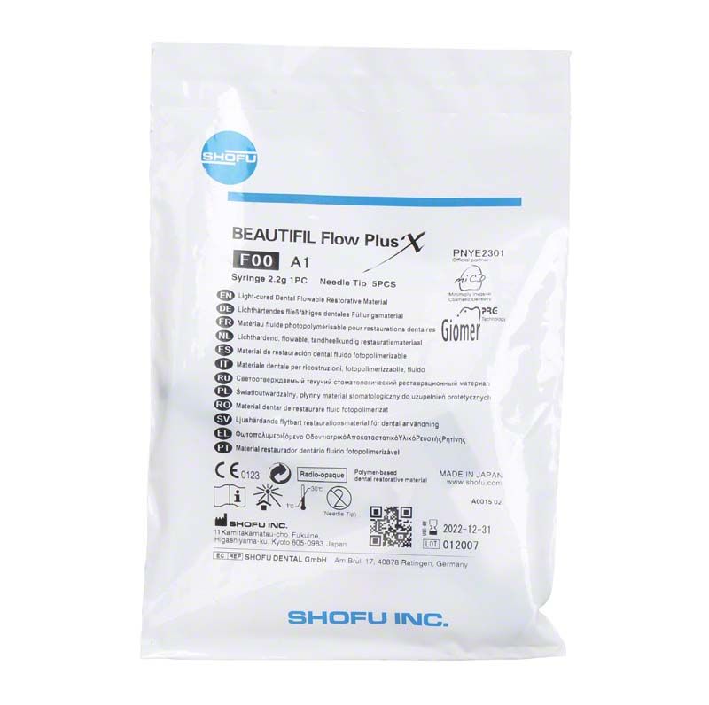 BEAUTIFIL Flow Plus X F00 A1 Verpackung mit Produktinformationen und Herstellerlogo.